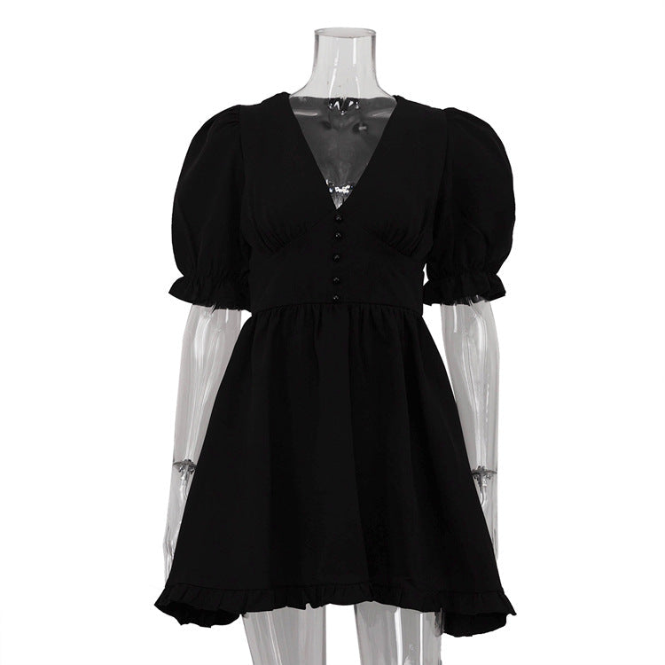 Women Clothing Summer French Puff Sleeve High Waist A line Dress Sexy V neck Waist Black Dress