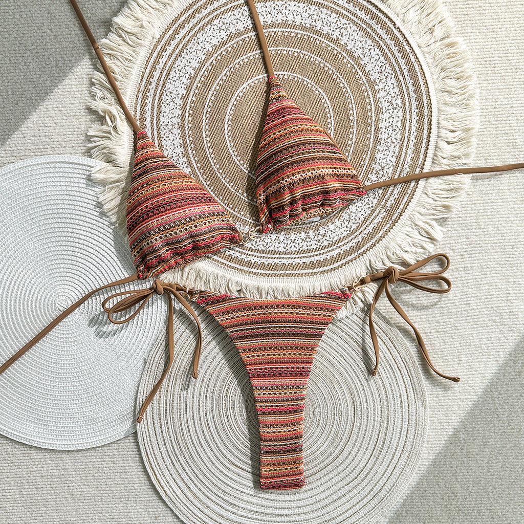 Striped Contrast Color Halter Bikini Set for Beach Vacation