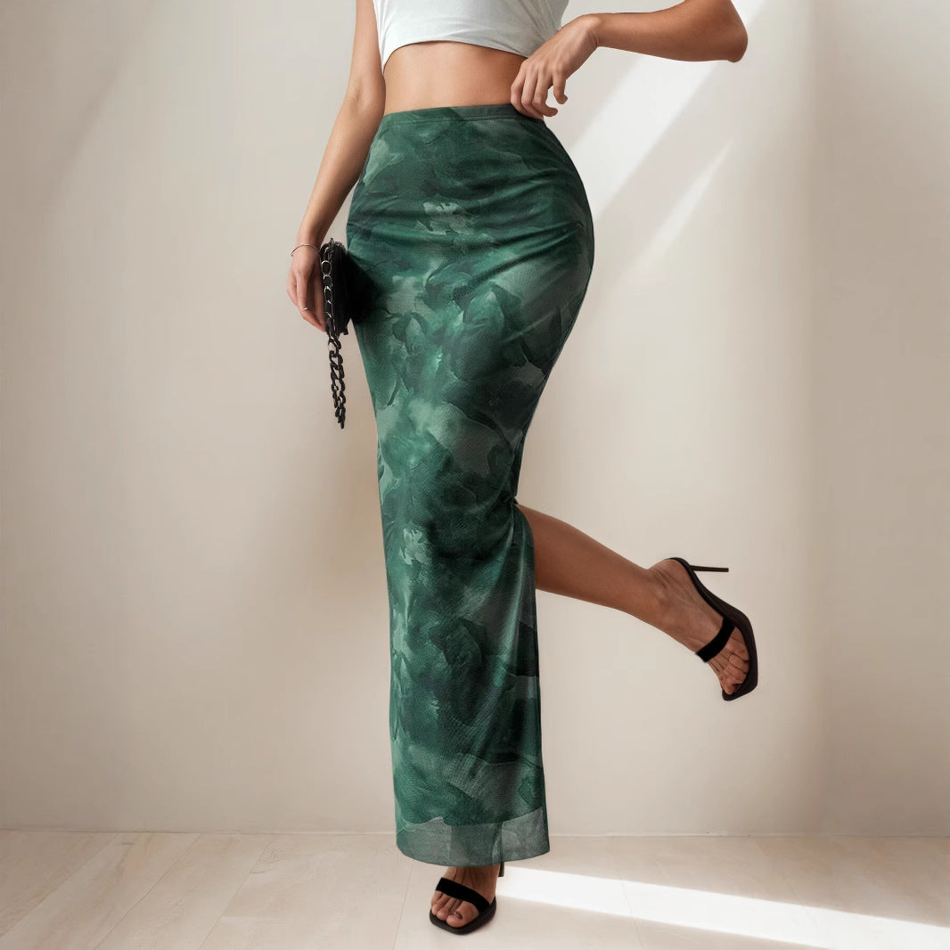 Women Clothing Summer Printed Skirt Sexy Side Split Slimming All-Matching Graceful Long Skirt