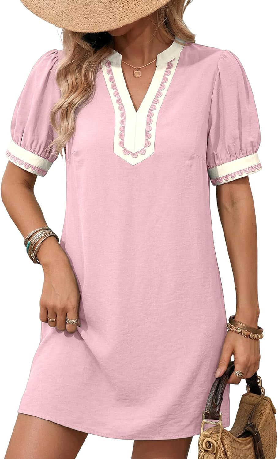 Vacation Solid Color Short Sleeve Color Matching Half Open V neck Straight Dress