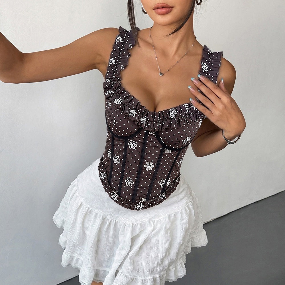 Women Clothing Suspender Top V Collar Polka Dot Sexy Short Tube Top Short Vest