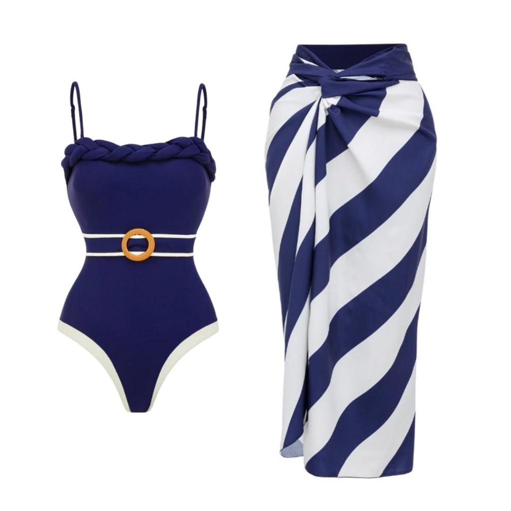 Swimsuit Navy Blue Tube Top Design One Piece Swimsuit Set for Women