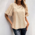 Retro Top Bubble Sleeve round Neck Solid Color Sequ T shirt Women