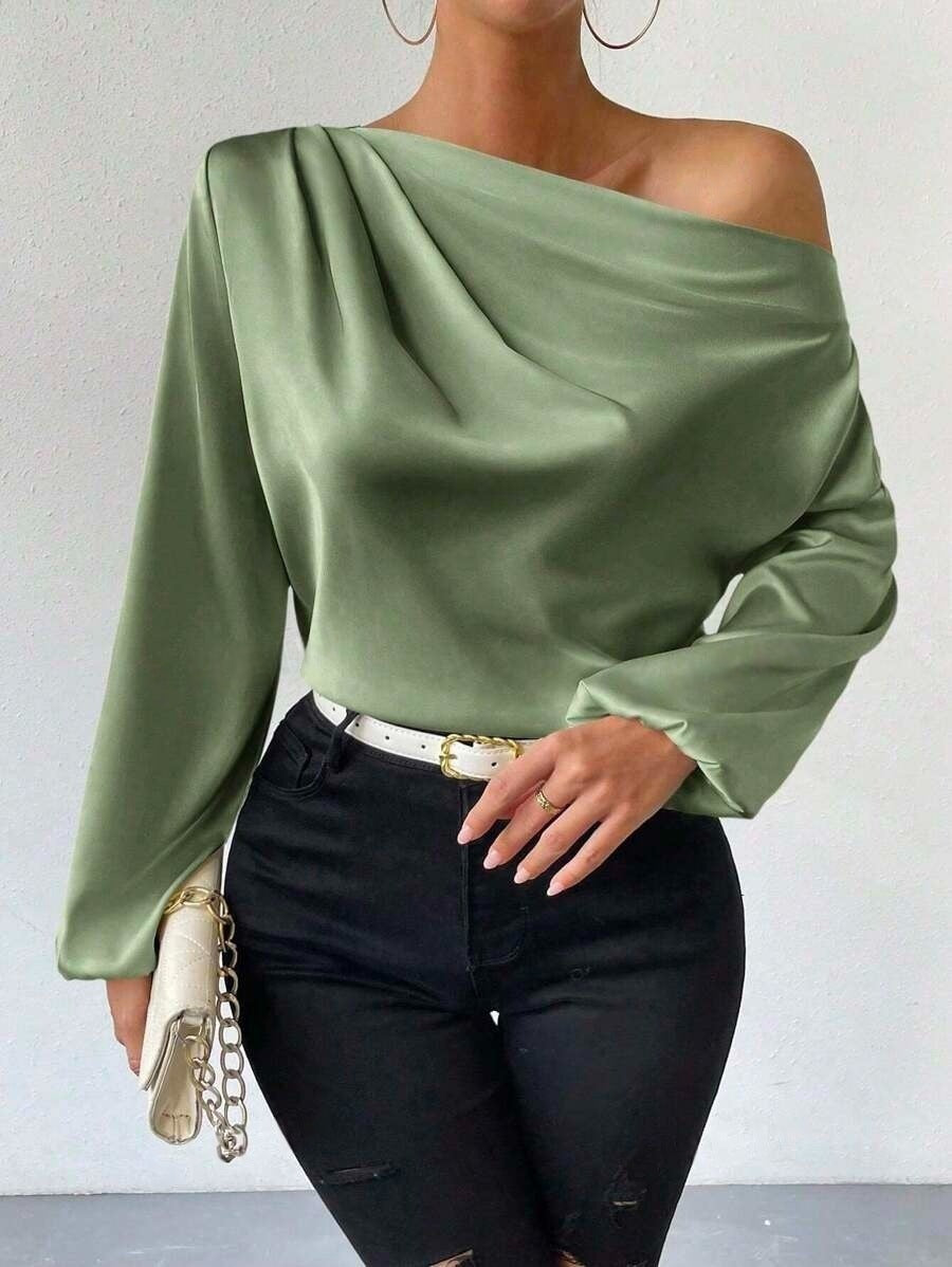 Oblique Shoulder Design Long Sleeve Shirt Women Asymmetric Pullover Top Solid Color Satin Long