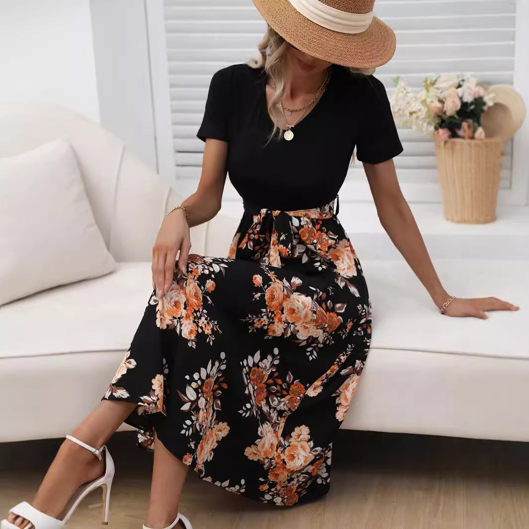 Women Clothing Summer Printed V neck Sexy Mid Length Maxi Dress