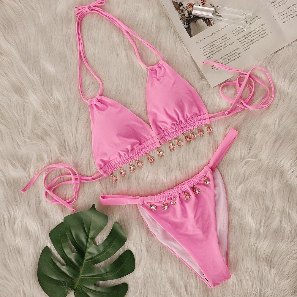 Pink Two Piece Gem Embellished Halter Bikini Sexy Swimsuit
