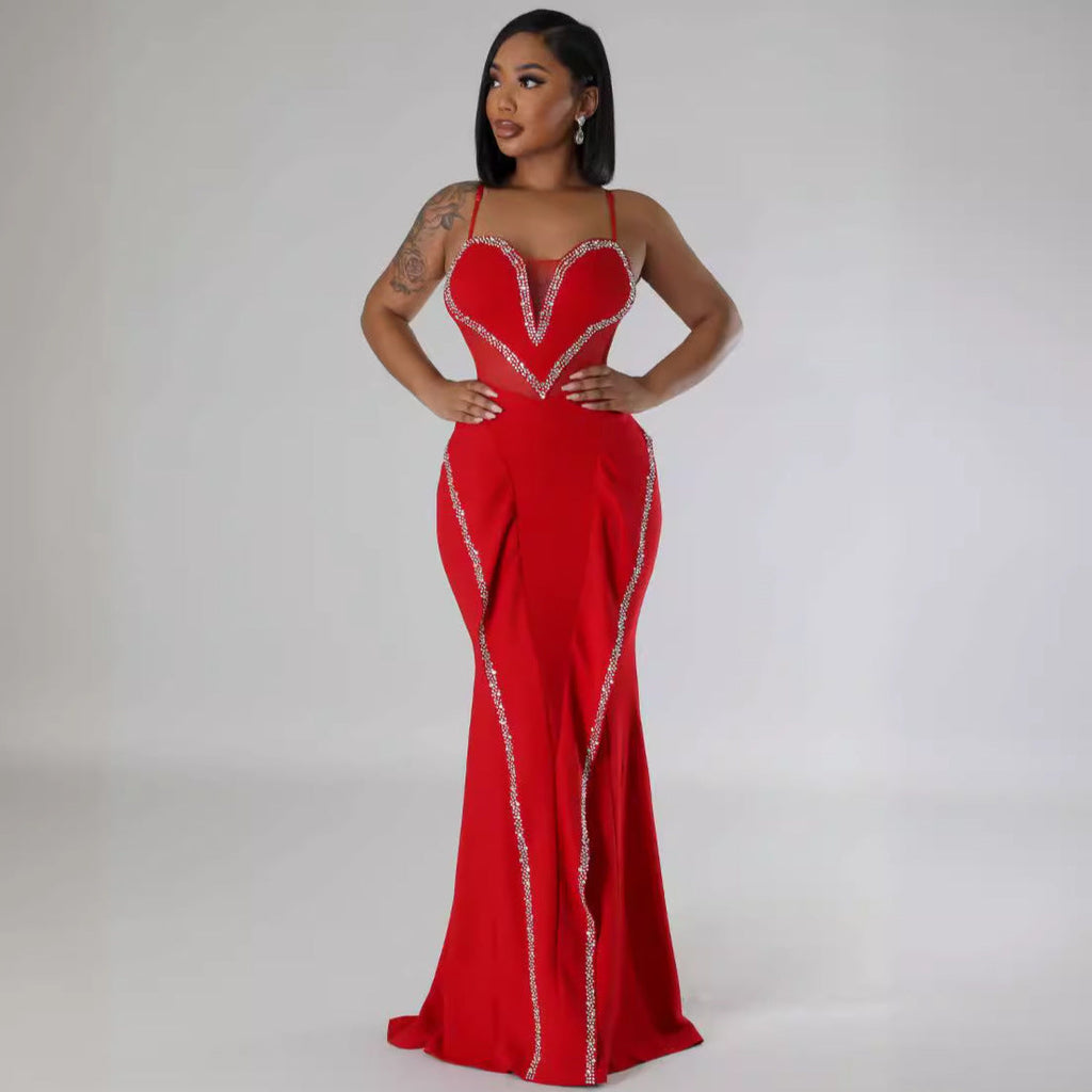 Sexy Rhinestone Mesh See Through Stitching Lace Hip Elastic Sling Dress