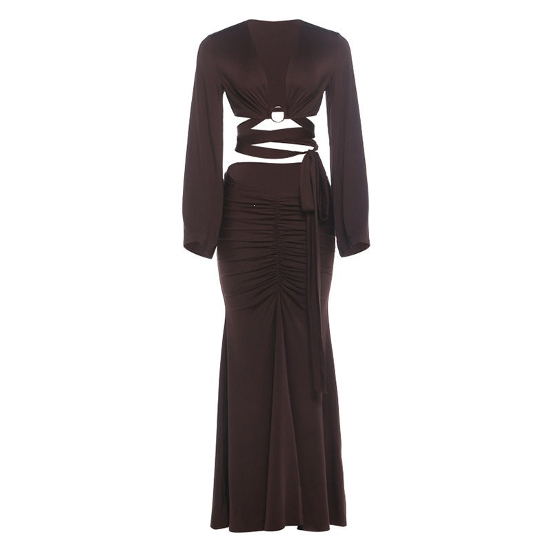 Summer Women Solid Color Sexy Cutout Bell Sleeve Vest Slim Pleated Skirt Set