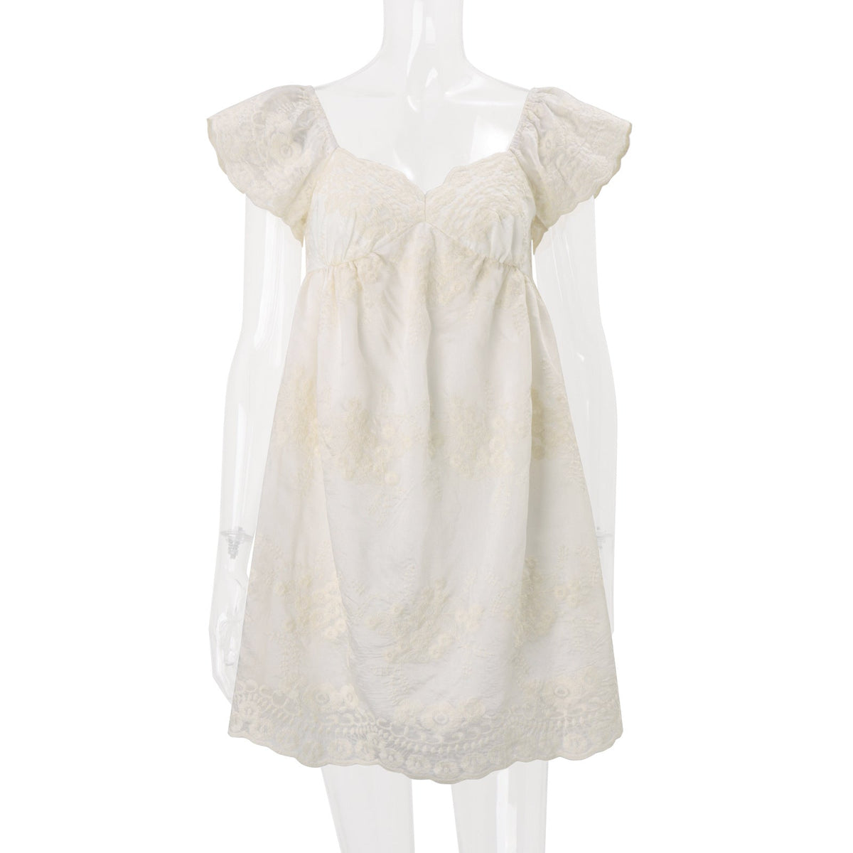 Women Clothing Summer Lace Embroidered Loose Puff Sleeves Sweet Elegance Dress
