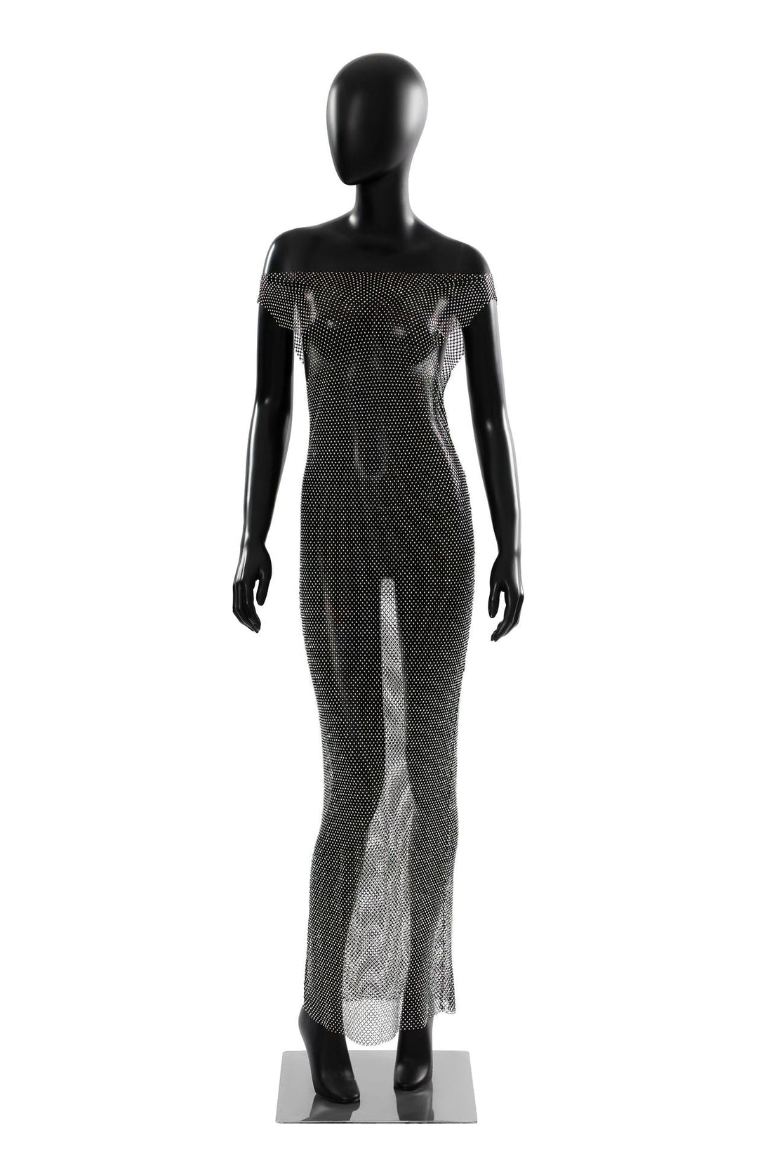 Sexy Mesh Maxi Dress Rhinestone See through Dress Fishnet Rhinestone off Neck Dress Elastic Dress