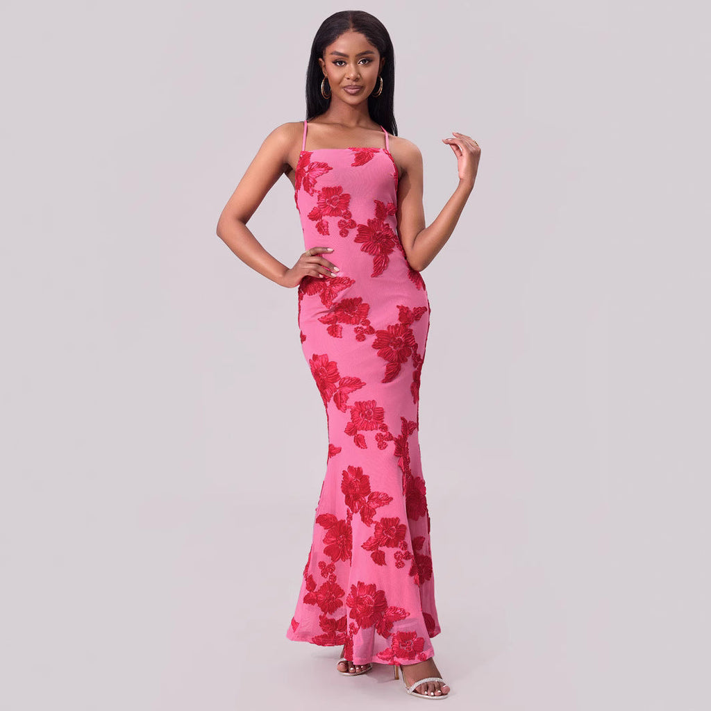 Suspenders Sheath Sexy Three Dimensional Plate Floral Dress Summer