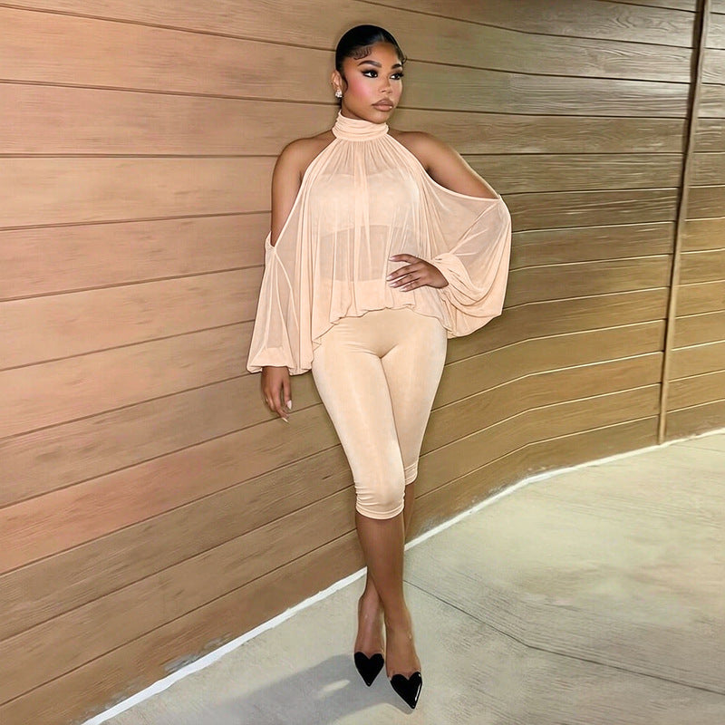 Women Clothing Autumn Winter Solid Color round Neck off the Shoulder Long Sleeve Top Tube Top Cropped Trousers Three Piece Set
