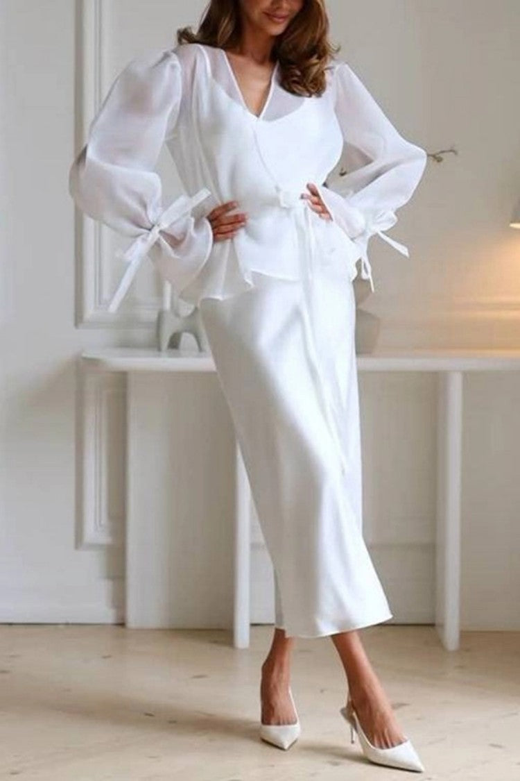 Spring Summer Lace up Shirt Women Satin Skirt Two Piece Sets Women