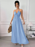 Summer Blue Halter Backless Dress Lace up Waist Slimming Seaside Vacation Gentle