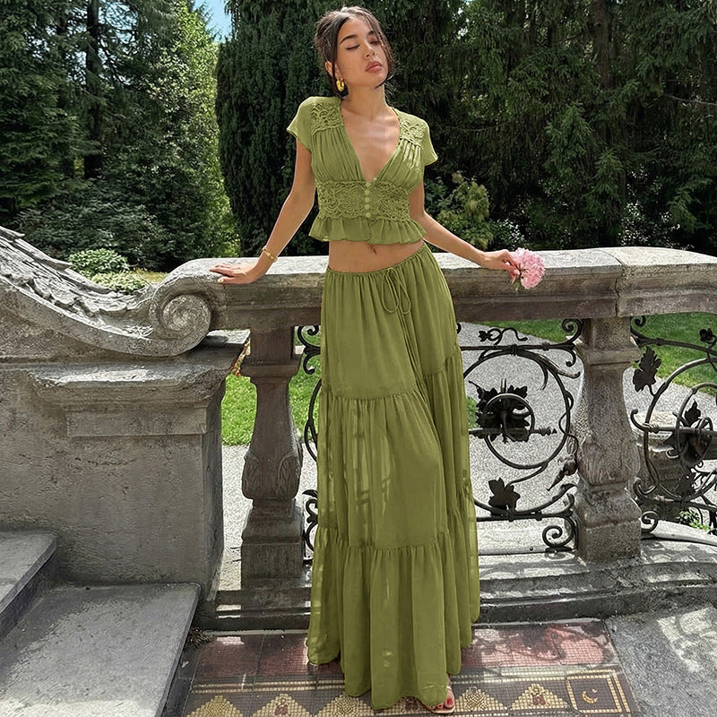 French Women Sexy Lace Chiffon Cardigan T shirt Loose See through Strap Dress