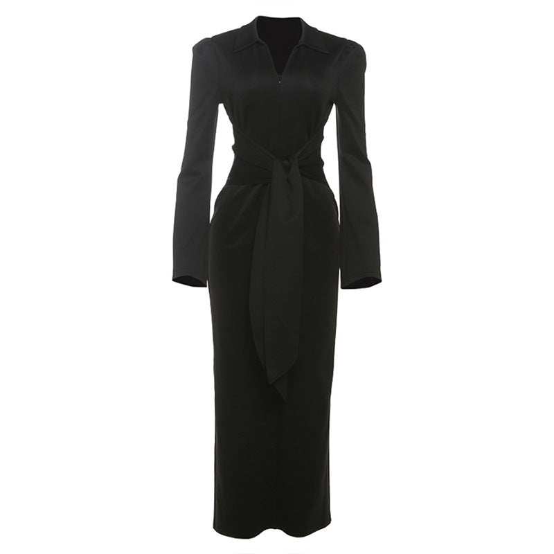 Fall Women Clothing Solid Color Collared Waist Tight Slim Fit Lace up Long Sleeve Zipper Dress