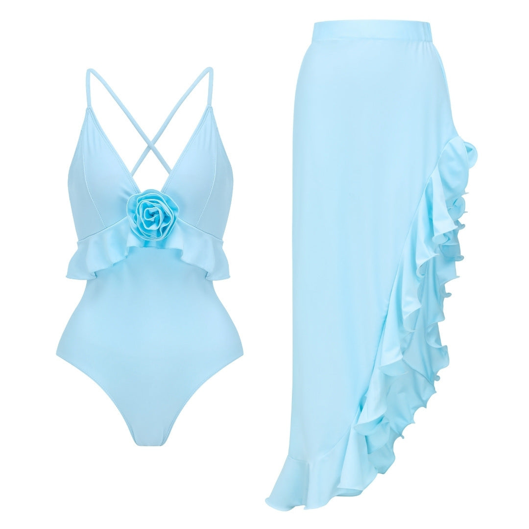 Women’s Solid Color Bow Ruffle One Piece Swimsuit Vacation Set