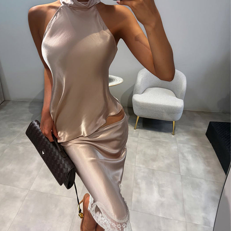 French Satin Champagne Slim Fit Sleeveless Top Low Waist Skirt Light Luxury Lady Twet Women