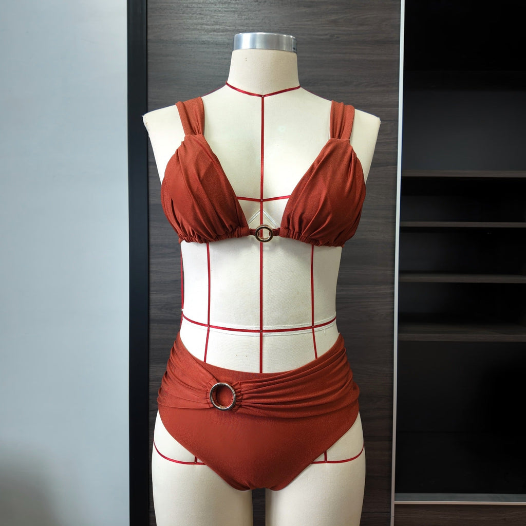 Women's Sexy Pleated Bikini Set with Ruched Ring and Tie Detail