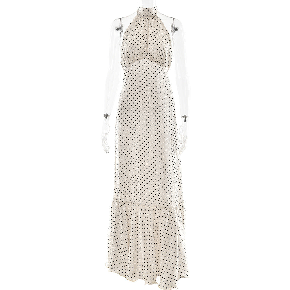 French Halter Polka Dot Satin Dress Sexy Elegant Backless Waist Trimming Dress