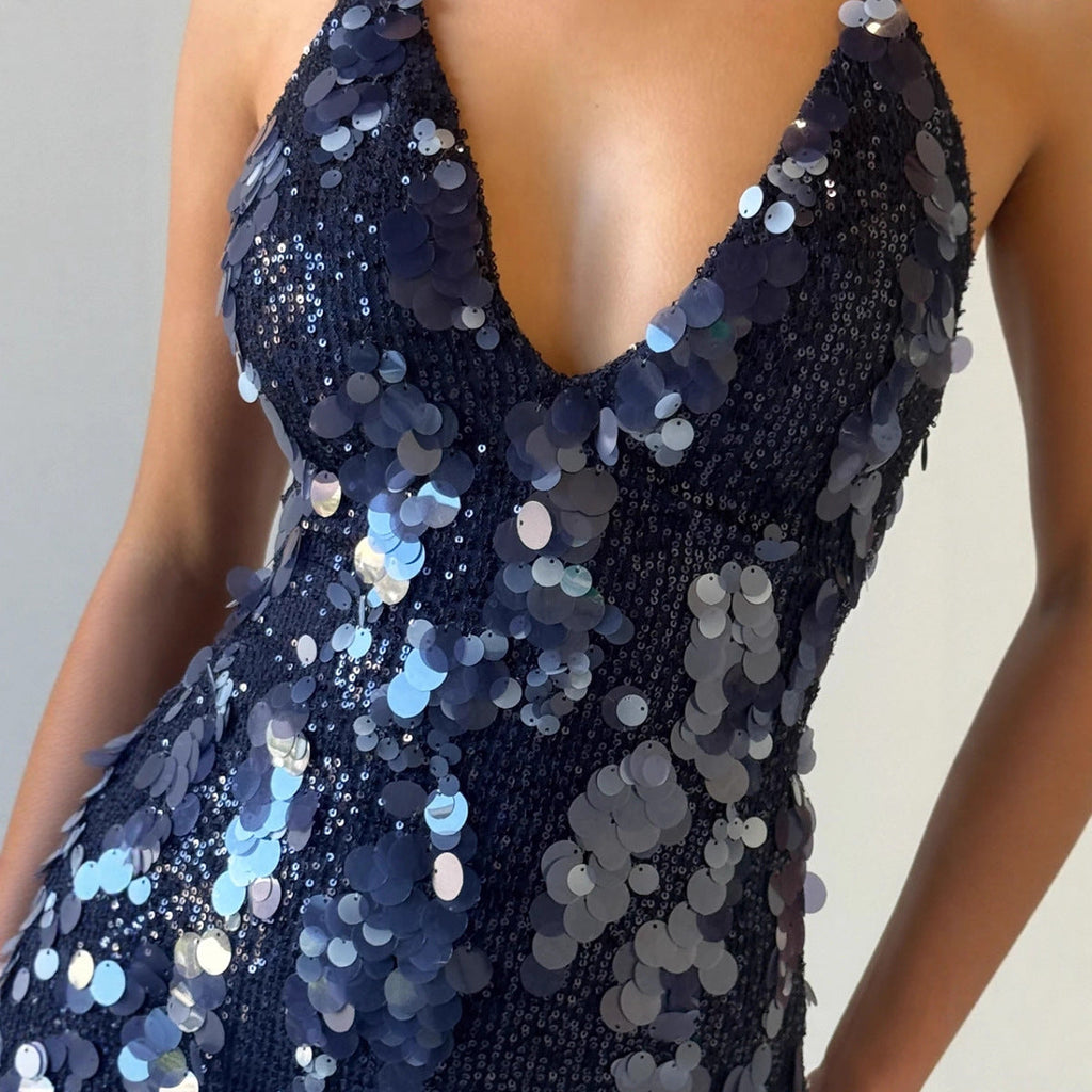Sexy Women Wear Deep V Plunge Halter Sequ Dress Sexy Nightclub Party Backless Skinny Hip Dress