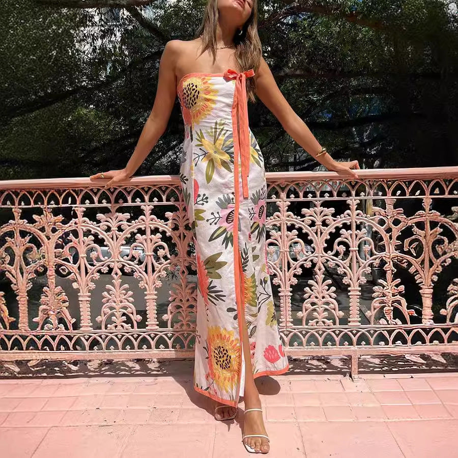 Summer Sexy Split Wrapped Chest Printing Dress Women