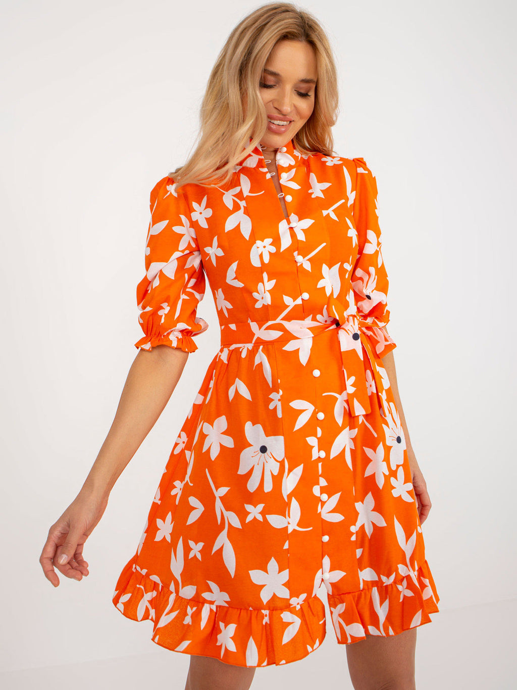 Summer Belt Tight Waist Shirt Bubble Sleeve Printed Dress