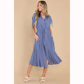 Trendy Summer Fitted Waist Turn down Collar Single Breasted Drawstring Dress