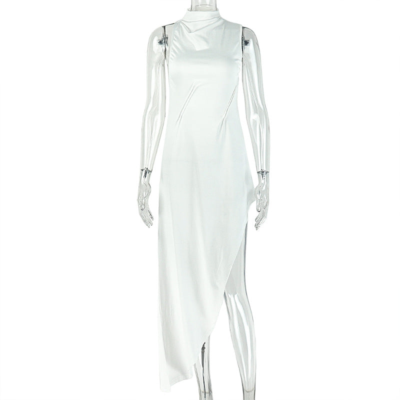 Solid Color Tight Women High Collar Slimming Asymmetric Dress Design Sleeveless Simple Backless Maxi Dress