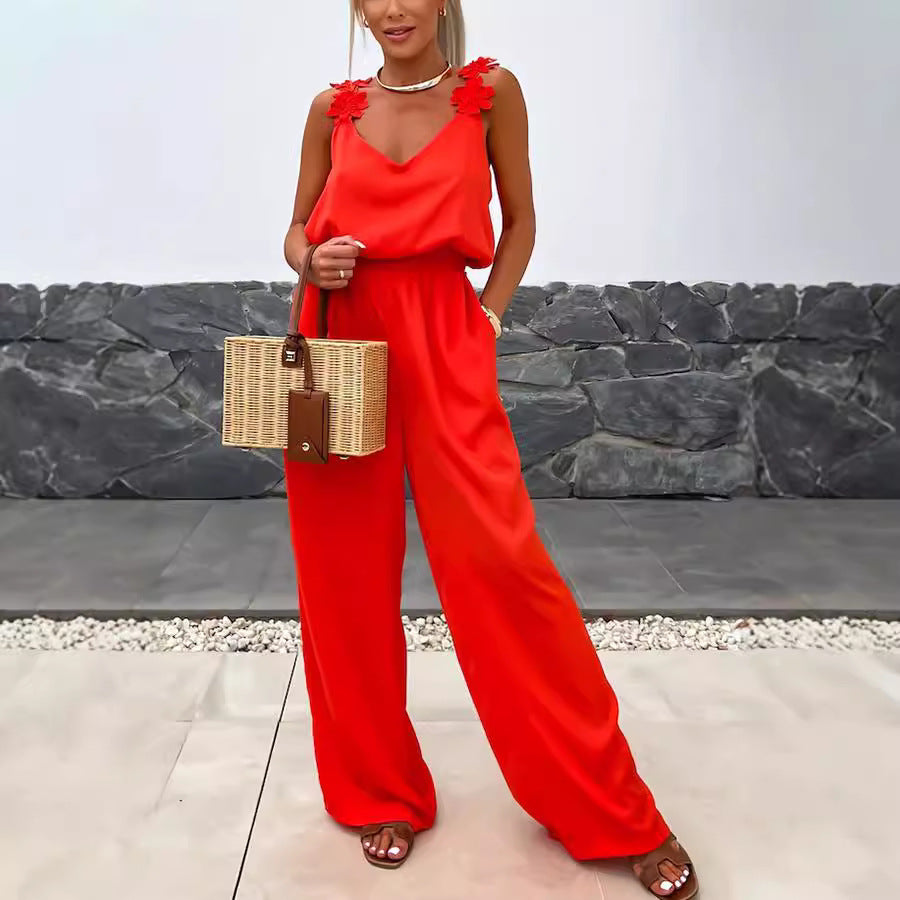 Relaxed Sleeveless V-Neck Wide-Leg Jumpsuit with Pockets