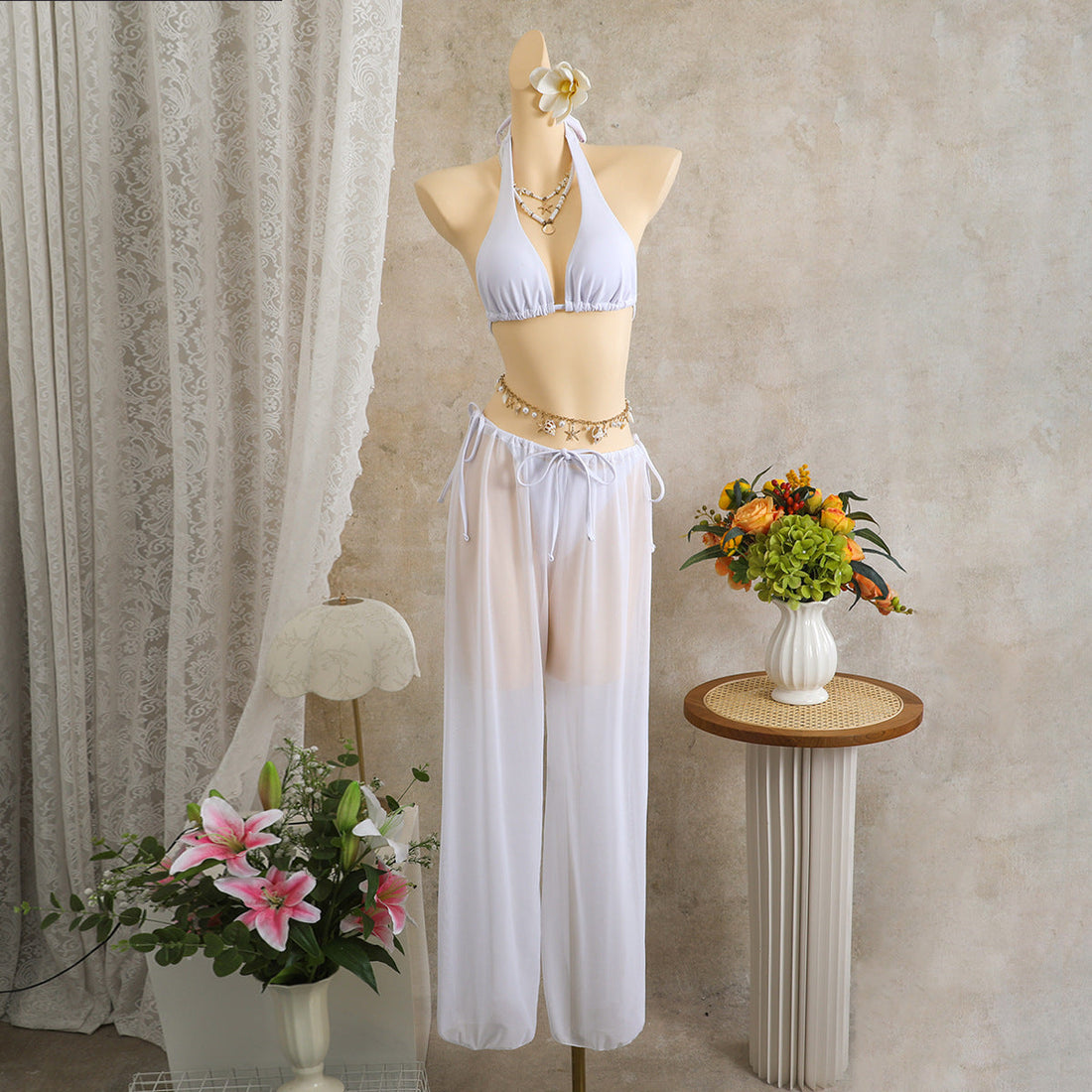 Three-Piece Bikini Swimsuit Set with Matching Beach Trousers