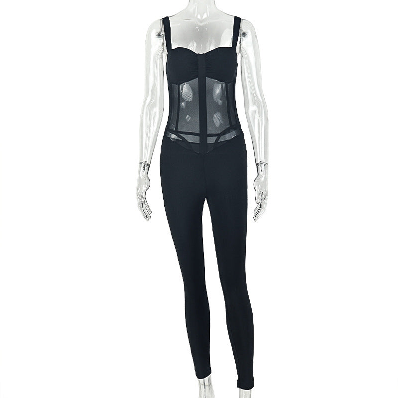Solid Color Design Women Sports High Waist Jumpsuit Tight Elastic Sling Micro Transparent Jumpsuit