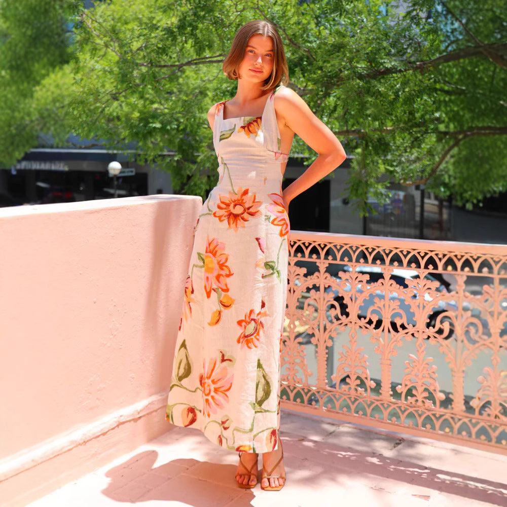 Summer Vacation Printed Maxi Dress Backless Sling Dress