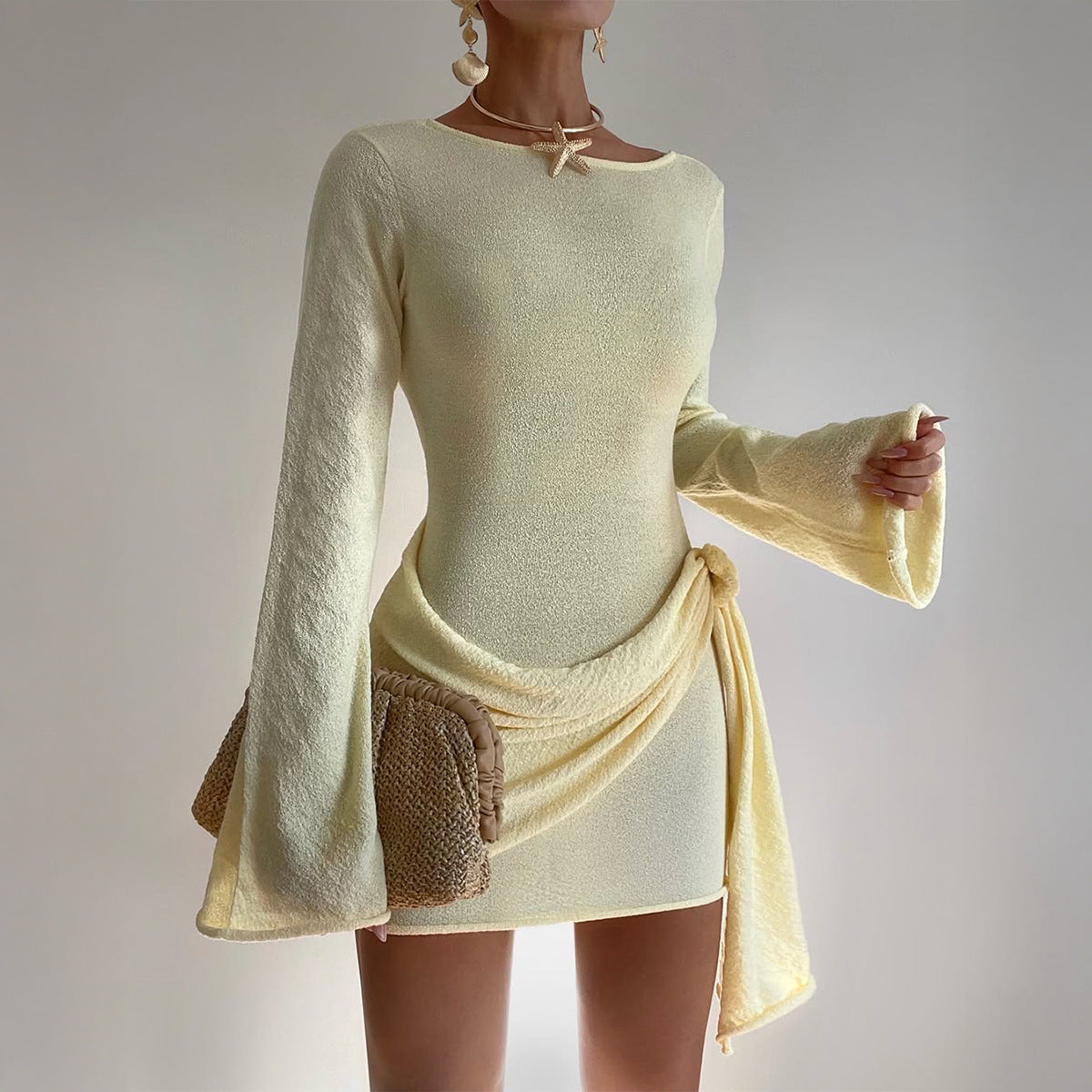 Vacation All Match Long Sleeved Dress Woolen Women Clothing Summer
