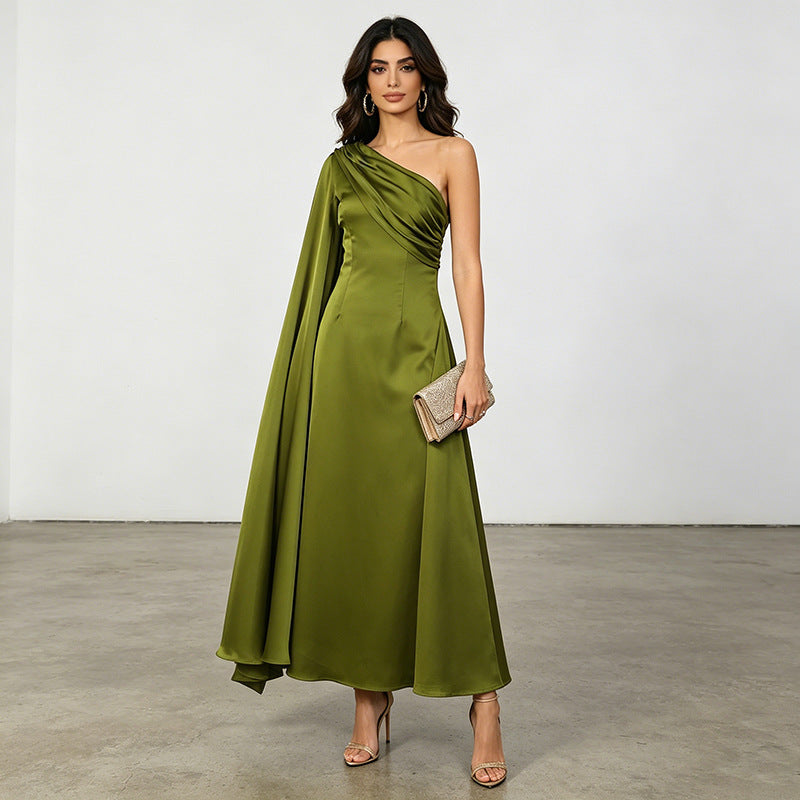 Gorgeous High End Dress Summer Asymmetric One Shoulder Pleated Waist Tight Solid Color Maxi Dress