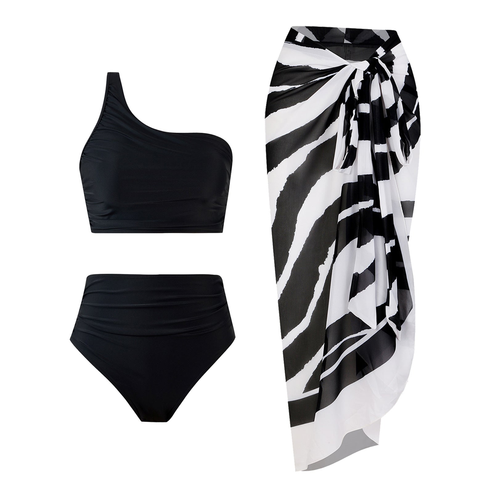 High Waist Ruched Bikini Set with Asymmetric Single Strap Design
