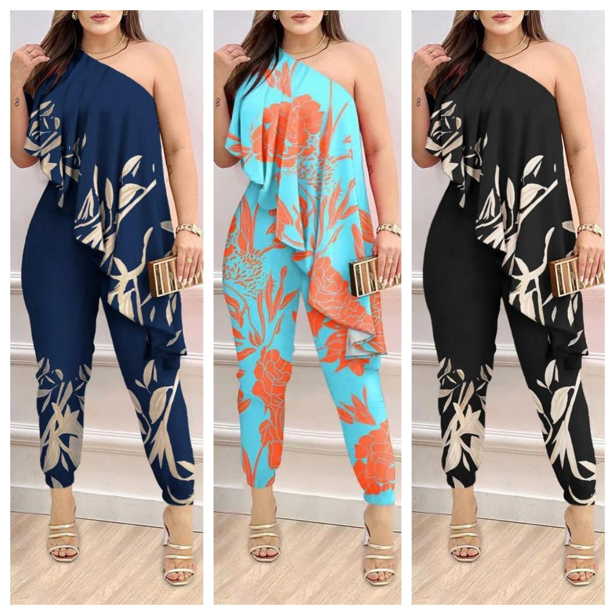 Printed One-Shoulder Ruffled Jumpsuit - Glamorous Ankle-Length Fit