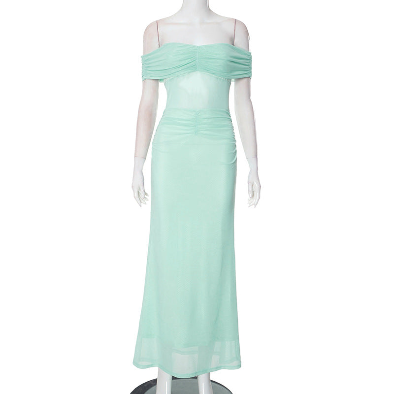 Solid Color Tube Top off Shoulder Mesh Pleated Slim Fit Maxi Dress Dress