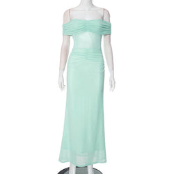 Solid Color Tube Top off Shoulder Mesh Pleated Slim Fit Maxi Dress Dress