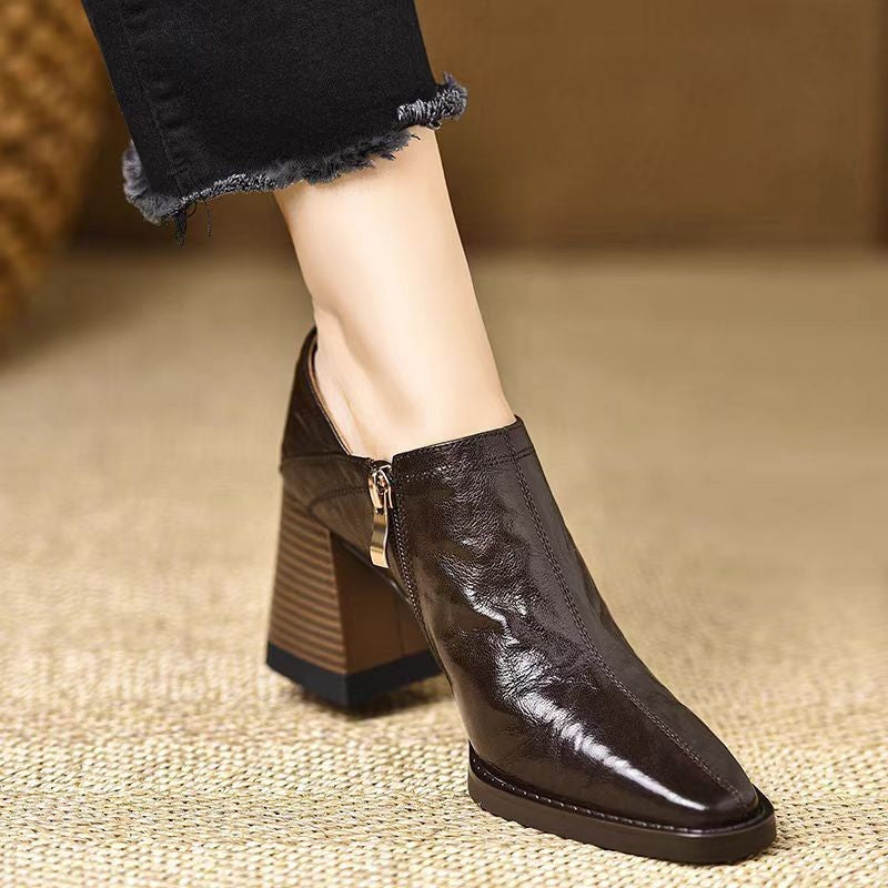 Women’s Dark Brown Chunky-Heel Ankle Boots with Side Zipper