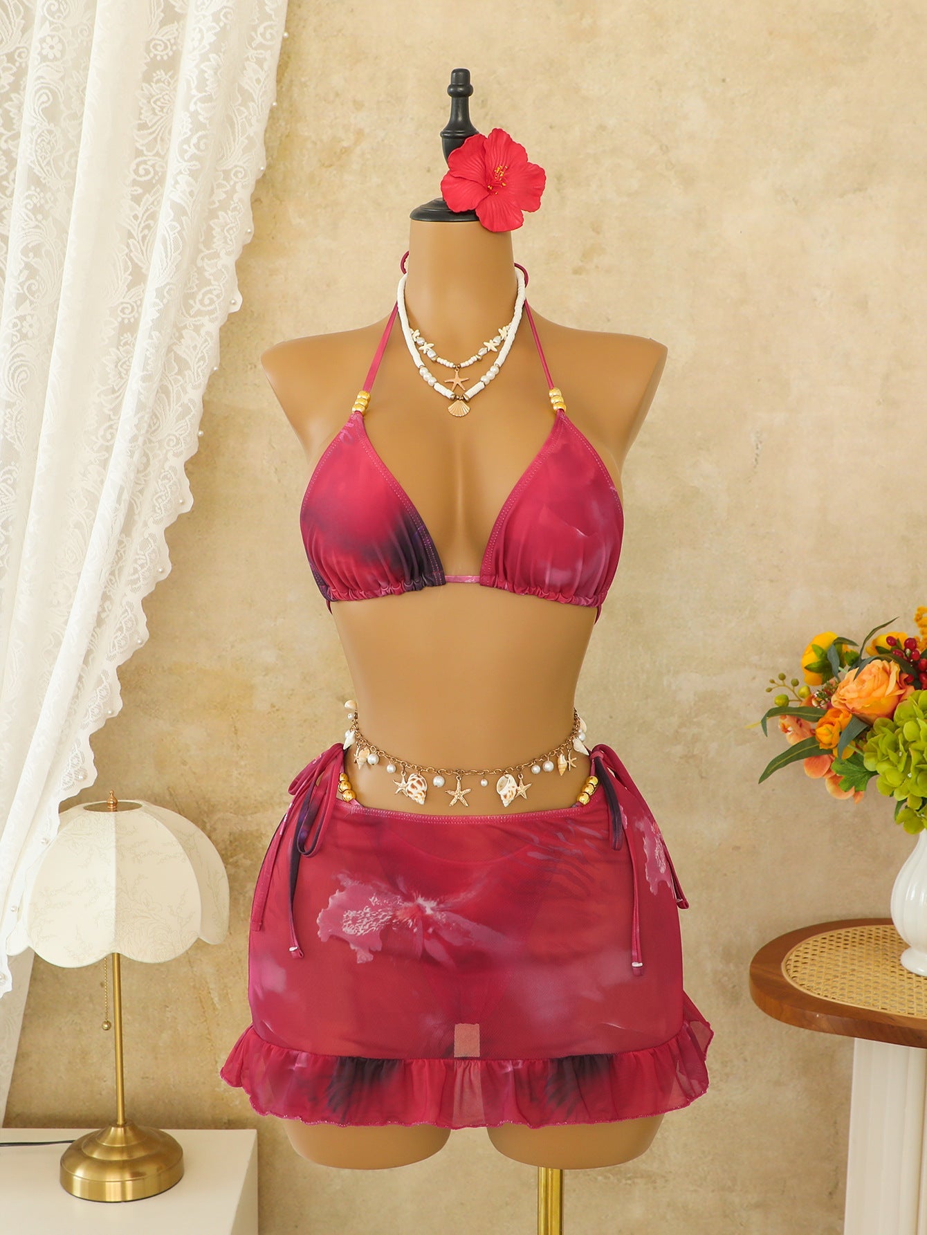 Bohemian Three-Piece Bikini Set with Halter Strap Print Swimwear
