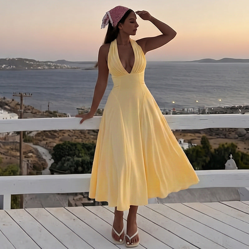 Women Clothing Sexy Deep V Plunge Halter Lace up Backless Slim Fit Hip Wrapped Dress Women Dress