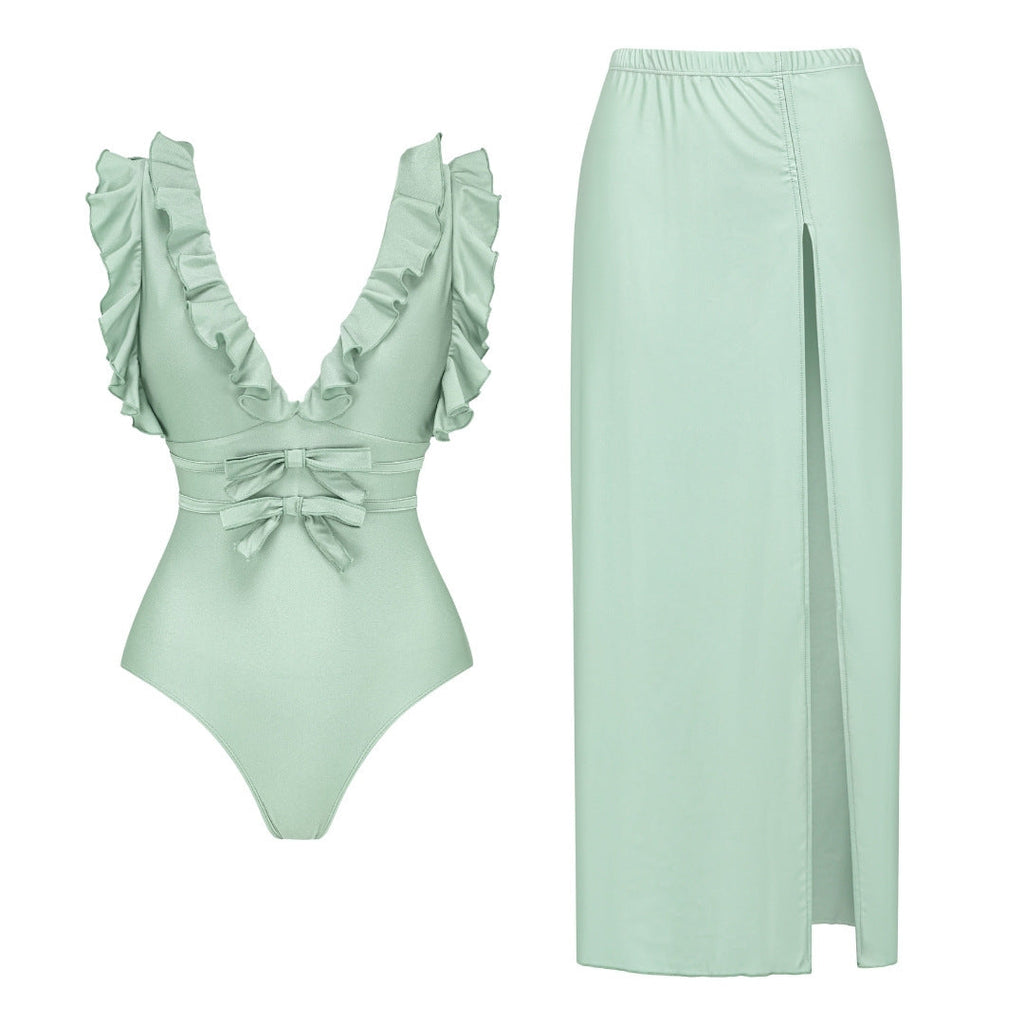 Women’s Solid Color Bow Ruffle One Piece Swimsuit Vacation Set