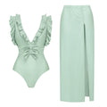 Women’s Solid Color Bow Ruffle One Piece Swimsuit Vacation Set