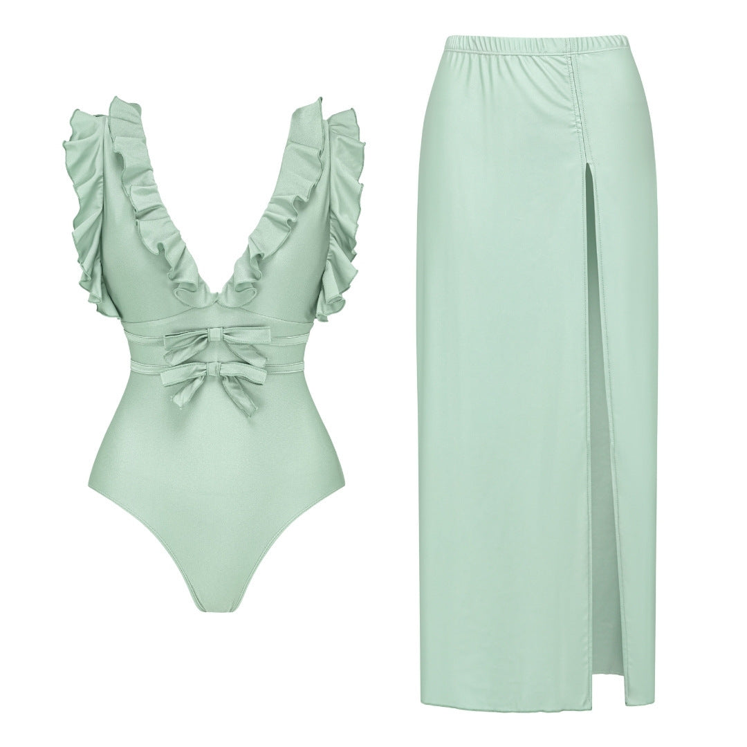 Women’s Solid Color Bow Ruffle One Piece Swimsuit Vacation Set