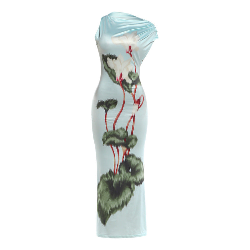 Summer Women Clothing Sexy Oblique Shoulder Collar Tight Waist Thin Looking Cool Printed Sheath Dress
