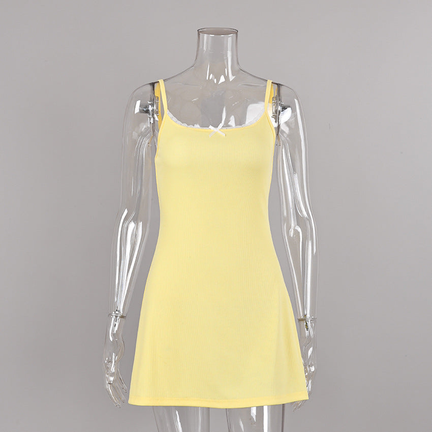 Sunken Stripe Knitted Slip Nightdress White Lace Skin Friendly Comfortable Homewear Pajamas