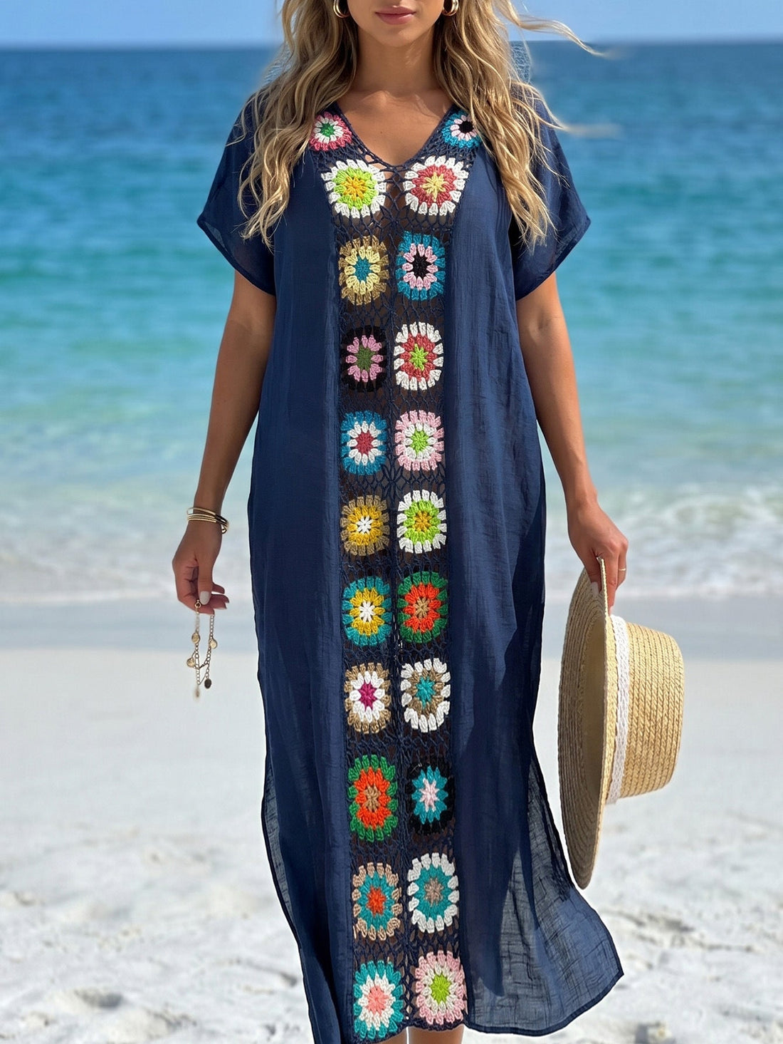 Women’s Crocheted Mixed Color Maxi Beach Blouse Boho Vacation Coverup