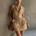 Sleeveless Workwear Dress Fashionable Casual Pocket Zipper Elastic Waist Design Short Dress