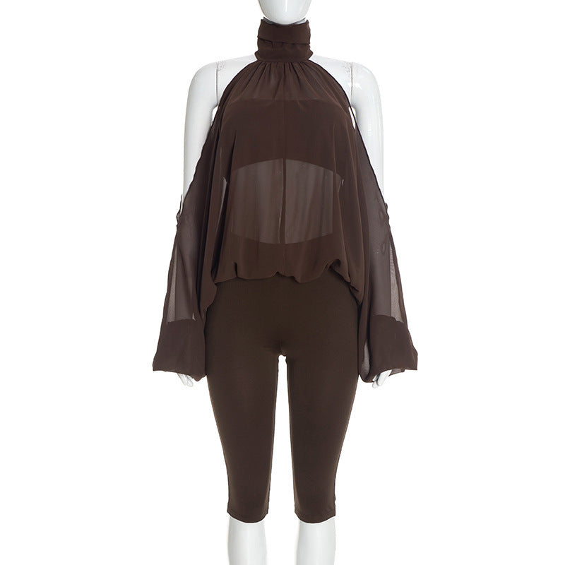 Women Clothing Autumn Winter Solid Color round Neck off the Shoulder Long Sleeve Top Tube Top Cropped Trousers Three Piece Set